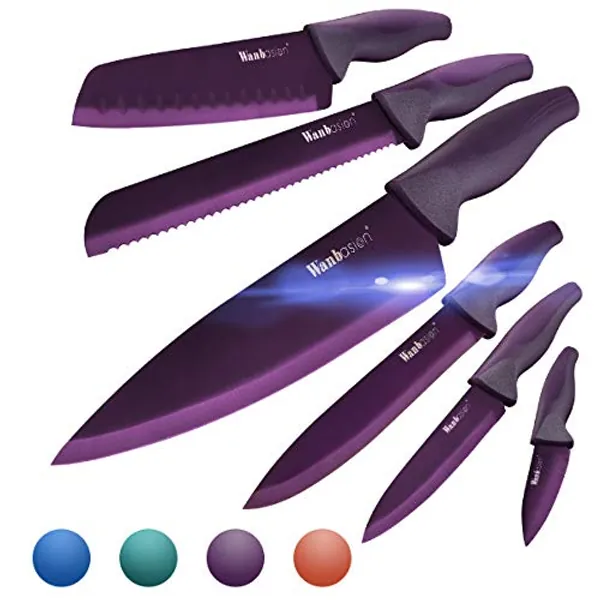 Wanbasion Purple Professional Kitchen Knife Chef Set, Stainless Steel, Dishwasher Safe with Covers