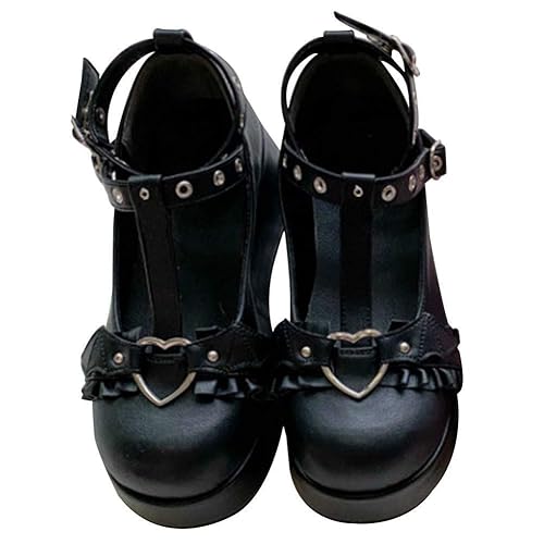 CELNEPHO Mary Jane Shoes Women Cute Ankle Strap Platform Wedge High Heel Pumps Gothic Party Dress Shoes for Women - 8 - Black