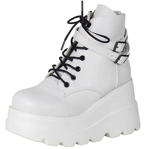 CELNEPHO Chunky Platform Boots for Women, Square Toe Lace up Zip High Heel Combat Wedge Ankle Boots - 8 - White
