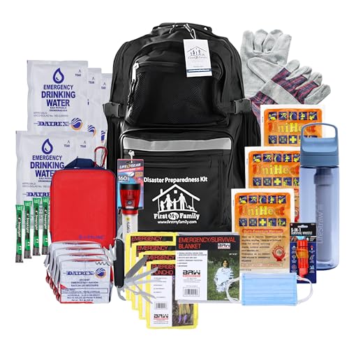 First My Family All-in-One Premium Disaster Preparedness Survival Kit with 72 Hours of Survival and First-Aid Supplies (4 Person Survival Kit) - 4 Person Survival Kit With Lifestraw Go