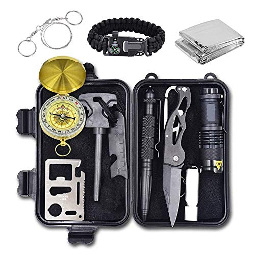 Alritz Emergency Survival Kit, 12 in-1 Outdoor Survival Gear Lifesaving Tools Contains Compass, Fire Starter, Flashlights for Camping Hiking Wilderness Adventures and Disaster Preparedness