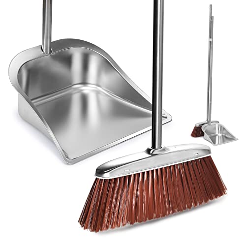 Broom and Dustpan Set for Home, SUTINE 56" Upright Long Handle Broom and Dustpan Set, Heavy Duty Stainless Steel Dust Pan Great for Sweeping Indoor Outdoor Kitchen Office Lobby Floor - Square Dustpan and Broom Set