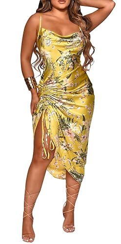 Women's Spaghetti Strap Satin Dress Sexy Backless Drawstring Ruched Split Hem Cocktail Evening Party - Medium - 02-flower Yellow