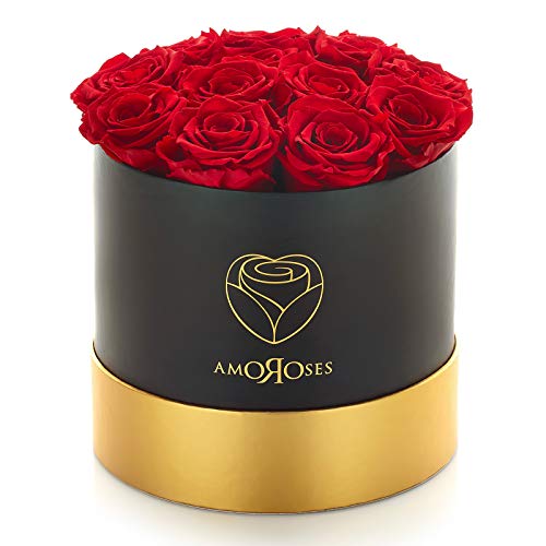Amoroses 12 Rose Stabilizzate Vere durano Anni - Idea Regalo per Lei Originale Elegante Bouquet per San Valentino e Altre Occasioni Speciali (Scatola Nera con Rose Rosse) - Scatola Nera Con Rose Rosse
