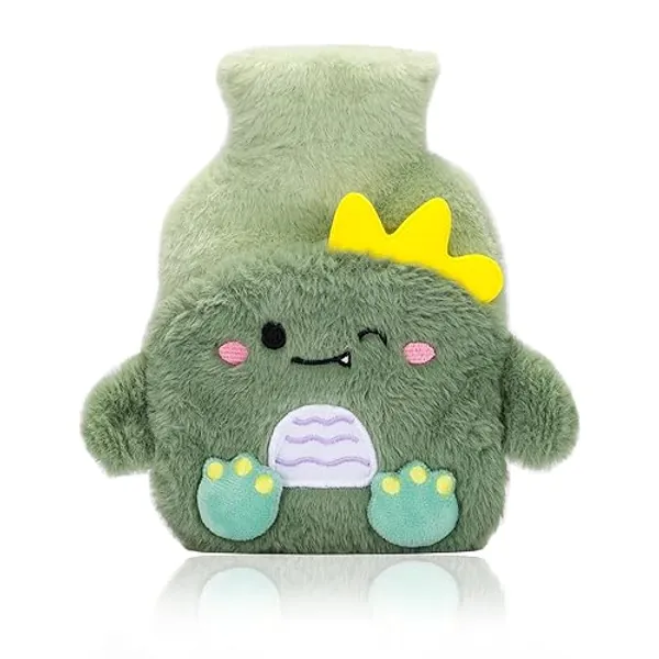 Green Rubber Hot Water Bottle with Soft Removable Knit Outer Lid, Classic Rubber Hot and Cold Water Bottle with Cute Image Hand Feet Warmer and Shoulder Pain Relief - Green