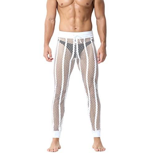 TIEVOSA Men's Sexy Crossdressing Lingerie Hollow Out Sexy Elastic Waist Trousers Casual Leisure Lingerie for Sexy Naughty - White - Medium