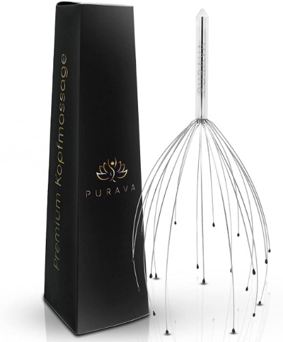 PURAVA [DE ORIGINELE] Hoofdmasseur met verbeterd concept [2019] – Hoofdmassage Spin met 20 vingers - Eerste-klas Hoofdhuidmassage - Geschikt als cadeau - Silver