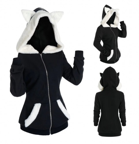COZY CAT EARS WARM Jacket COAT WITH POCKETS | Black / L