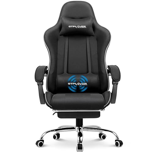 GTPLAYER Gaming Chair with Footrest, Computer Chair with and Lumbar Support, Height Adjustable Game Chair with 360°-Swivel Seat and Headrest and for Office or Gaming (All Black-Fabric) - Black - Fabric