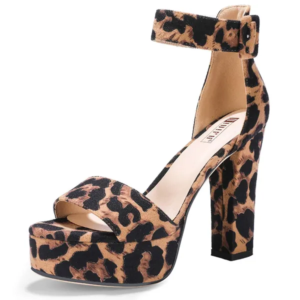 IDIFU 5 inch Platform Heels for Women IN5 Sabrina Sandals Chunky High Heels Ankle Strap Sexy Elegant Shoes at Wedding Bridal Evening Party - 7.5 Leopard Suede