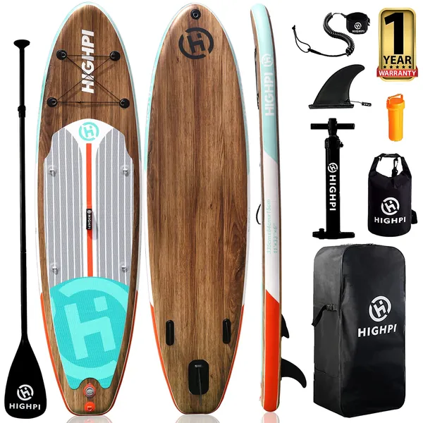 Highpi Inflatable Stand Up Paddle Board 11'x33''x6''W Premium SUP Accessories, Backpack, Wide Stance, Surf Control, Non-Slip Deck, Leash, Paddle and Pump, - Classic Wood