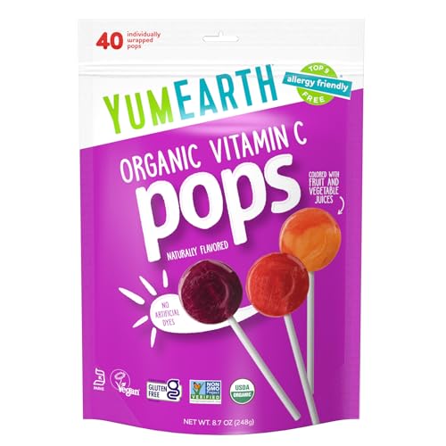 YumEarth Organic Fruit Flavored Vitamin C Pops Variety Pack, 40 Lollipops, Allergy Friendly, Gluten Free, Non-GMO, Vegan, No Artificial Flavors or Dyes - Vitamin C Pops - 40 Count (Pack of 1)