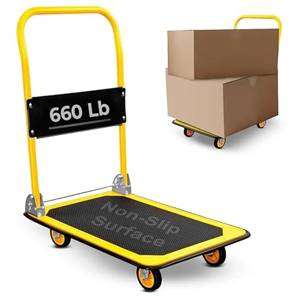 MOUNT-IT! Platform Truck – Folding Hand Truck with 660lb Capacity, Push Cart Dolly with Swivel Wheels, Foldable Flatbed Design, Durable Dolly Cart with Wheels – Compact Cart for Easy Transport(Yellow) - 660 Lbs