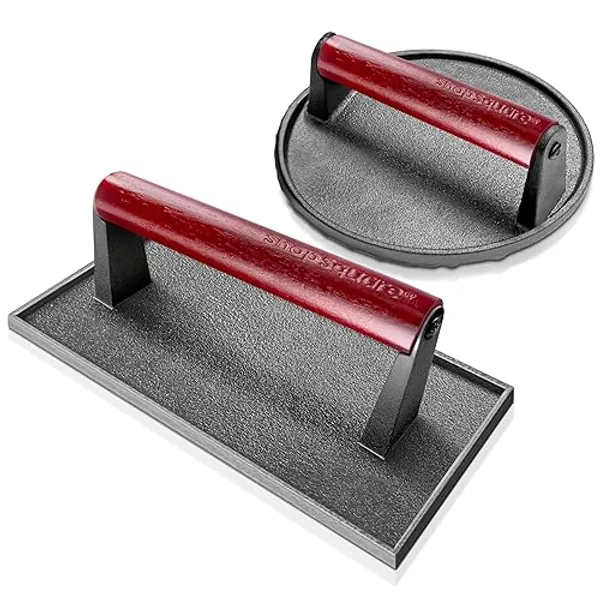 Cast Iron Bacon Press 7" Round & Rectangle 8"x4" Cast Iron Grill Press - Meat Press for Bacon, Steak, Burgers and Sandwiches - Non-Stick Griddle Press with Cool-Touch Wood Handle - Grill Press Set, Round & Rectangle - Grill Press Set