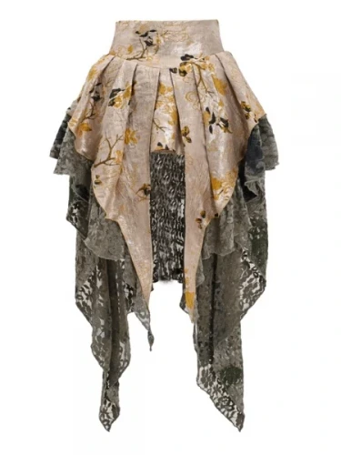 Lace-Trimmed Floral Jacquard Handkerchief Hem Skirt