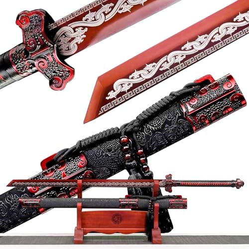 High Carbon Steel Chinese Sword Tang Dynasty - Amazon Dao Straight Blade Dragon Pattern Sheath - red