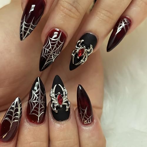 24 Pcs Acrylic Press on Nails Halloween Fake Nails Medium Almond False Nails with Spider Web & Spider Design Stiletto Nails Goth Nails Press ons Full Cover Stick on Nails for Women Halloween Nails - Style 26