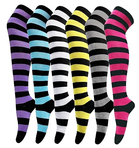 Thigh High Socks for Women Casual Over the Knee High Socks Stockings for Anniversaries Holidays - N-striped Multicolor 06 (6 Pairs)