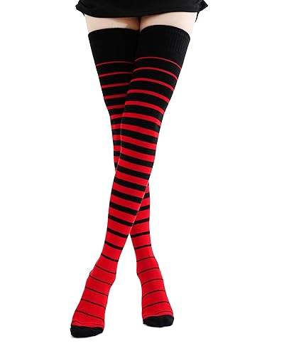 Kayhoma Extra Long Gradient Zebra Stripe Thigh High Socks Over the Knee High Socks - Black/Red