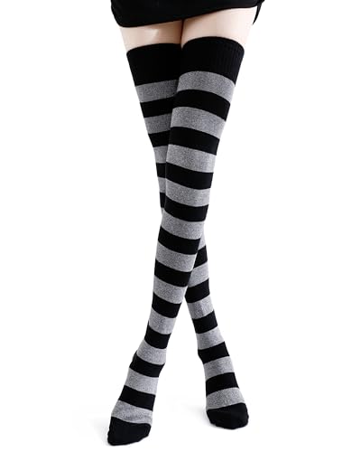 Kayhoma Extra Long Cotton Stripe Thigh High Socks Over the Knee High Socks - Medium - Black/Silver