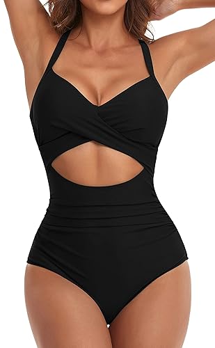 Eomenie Women's One Piece Swimsuits Tummy Control Cutout High Waisted Bathing Suit Wrap Tie Back 1 Piece Swimsuit - X-Large - Black
