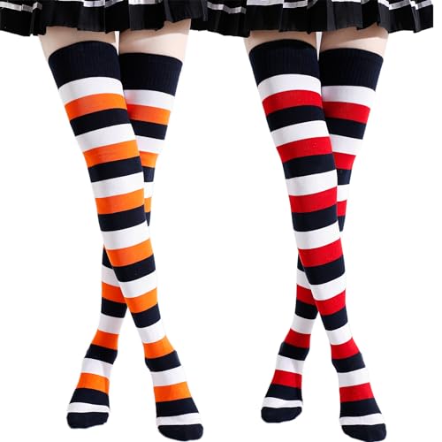 Kayhoma Extra Long Cotton Stripe Thigh High Socks Over the Knee High Socks - Medium - Dark Blue/Red/White & Dark Blue/Orange/White