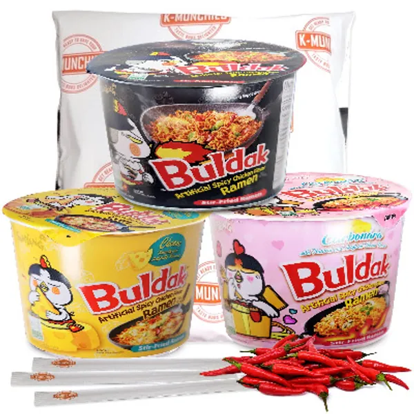 K-Munchies Samyang Roasted Chicken-Flavored Spicy Ramen - 3 (105g) Assorted Cup Noodles, 1 Each: Spicy Ramen Noodles, Spicy Chicken Cheese Ramen and Carbonara Spicy Cup Ramen - Includes 3 Chopsticks