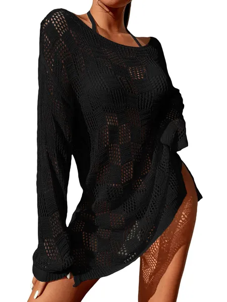 Womens y2k Cover up Hollow Out Crochet Knitted Crop Tops Multicolor Stripes Trendy Y2K Tee Shirt for Teen Girls - Black X-Large