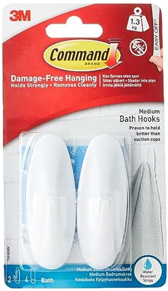 Command Designer Bath Hooks, Medium, White, 2-Hooks with Water-Resistant Strips (17081B-ES), Organize your dorm