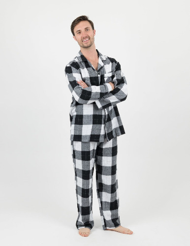 Mens Black & White Plaid Flannel Pajamas - black-white / Large