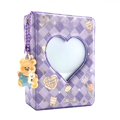 3 Inch Mini Photo Album, Heart Hollow Card Binder Photo Album Kpop Photo Card Holder with Pendant 40 Pockets (purple plaid) - purple plaid