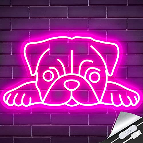 GGK Pug Neon Signs Pug Gifts for Pug Lovers Hug A Pug Decor for Dog Owners Pug Stuff for Home Pet Shop Decor Eye-Catching Dog Sign for Room Decor, 16.14 x 8.66 inches (Pink) - Pink