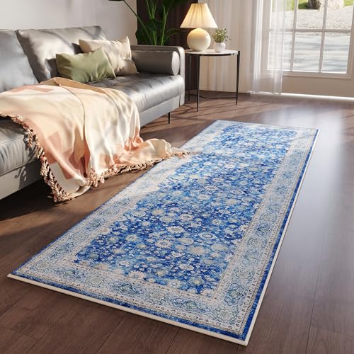 Rugcomf Runner Rug 2'6''x8' Hallway Runner Rug Washable Boho Rug Soft Area Rug Non-Slip Faux Wool Vintage Rug for Kitchen, Entryway, Laundry, Bedroom, Indoor (Blue) - 2'6''x8' - Blue