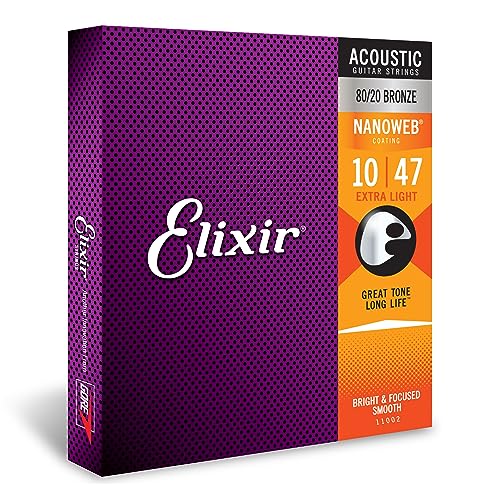 Elixir Strings - Acoustic 80/20 Bronze with NANOWEB Coating - Elixir Acoustic Guitar Strings - Extra Light (.010-.047) - Ex. Light (.010-.047) - 1-Pack