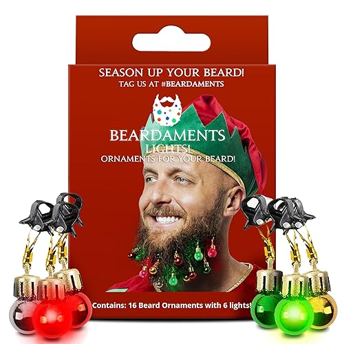 Beardaments Beard Lights - Light-Up Beard Ornaments for Men - Colorful Christmas Beard Baubles with Easy Clip Attachment - Funny Christmas Ornaments - 16pc