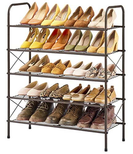 Tajsoon 5-Tier Freestanding Shoe Rack Organizer, Adjustable & Expandable Shoe Storage Shelf for Entryway, Metal Wire Grid with X Shape Fixed Frame, Bronze - Bronze