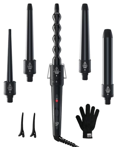 5 in 1 Curling Wand Set: Ohuhu Curling Iron Wand 5Pcs 0.35 to 1.25 Inch Interchangeable Ceramic Barrel Heat Protective Glove 2 Clips Dual Voltage Hair Curler for Girls Women's Day Gift Black - Black