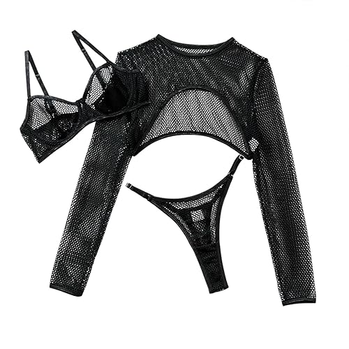 Lilosy Sexy Fishnet Underwire Rave Outfits Top Bra Panty 3 Piece Lingerie Set - Wire - Medium - Black
