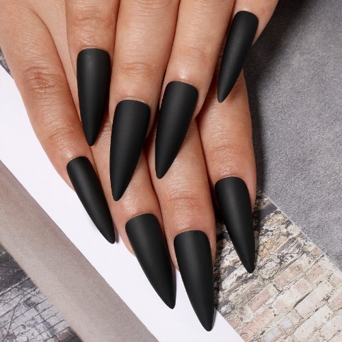 Long Stiletto Halloween Press On Nails - 30 Pack Matte Black Fake Nail Tips Kit, Include Glue, Mini File, Cuticle Stick, Adhesive