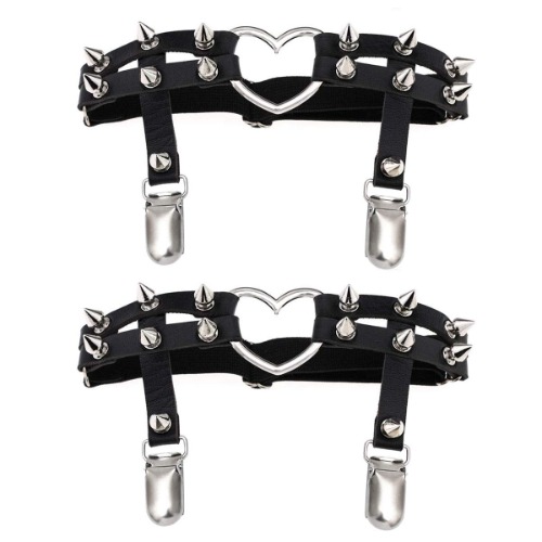 GARGALA Leather Thigh Garter Belt Goth Studded Leg Harness Suspenders for Women Plus Size 2 Pcs - Black Plus Size