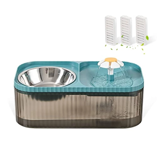 JEERAMIA Cat Water Fountain and Food Bowl, 3L/101oz Ultra Quiet Pet Water Dispenser with Smart Pump and 3 Replacement Filters, Automatic Flower Fountain & Stainless Steel Bowl (Black & Blue)