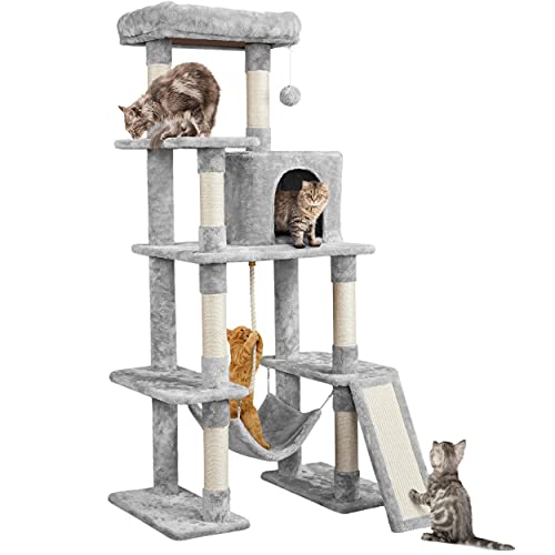 Yaheetech Cat Tree, Multi-Level Cat Tower for Indoor Cats, 63in, Condo Furniture with Scratching Posts, Large Top Perch, Hammock, Tall Cat Climbing Stand for Cat Play - Light Gray