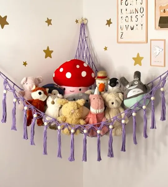 Stuffed Animal Hammock Corner - Toy Storage Hammock Plushie Net Organizer - Teddy Bear Stuffy Hammock - Purple Nursery Decor Baby Kids Bedroom Nursery Furniture
