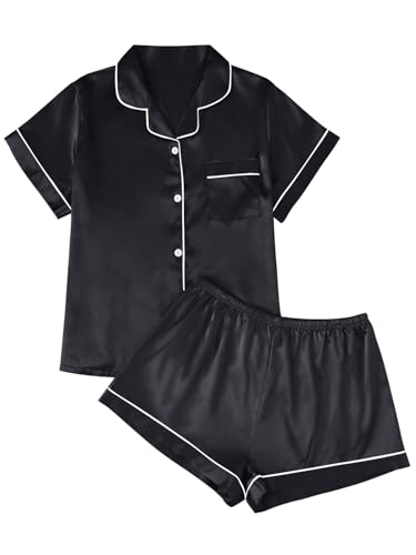 LILLUSORY Womens Silk Satin Pajamas Set 2 Piece Sleepwear Short Sleeve Button Down Shirt Shorts Set - Small - Black