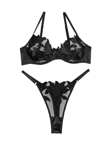 Lilosy Sexy Satin Mesh Floral Embroidered Underwire Lingerie Set - Floral - Small - Floral Black