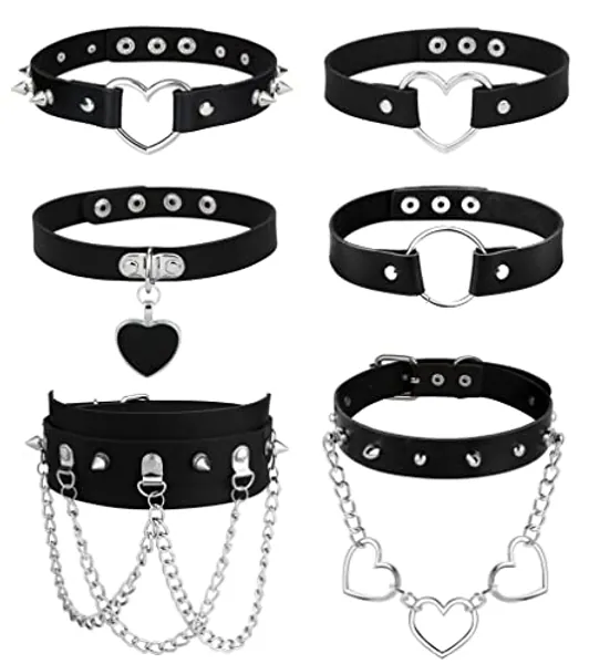 HAIAISO 6-9Pcs Leather Choker Black Punk Goth Choker Necklace Love Heart Spiked Choker Adjustable Pu Choker Collar for Women Girls