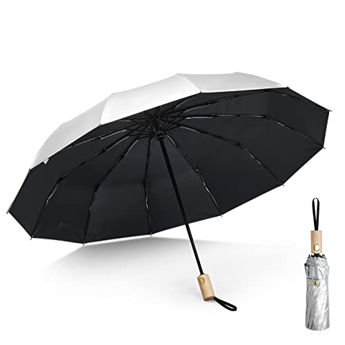 G4Free 46 Inch UPF 50+ UV Protection Large Travel Umbrella with Wooden Handle, 12 Fibreglass Ribs Super Windproof Sun Blocking Folding Umbrella Auto Open Close - Black