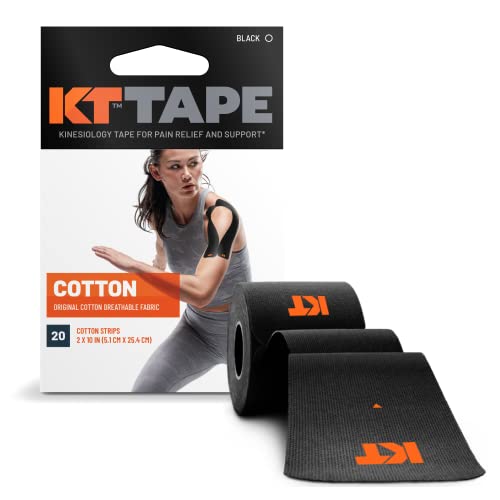 KT Tape, Original Cotton, Elastic Kinesiology Athletic Tape, 20 Count, 10” Precut Strips - Black