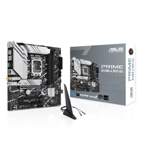 ASUS PRIME B760M-A WIFI D4, LGA1700 Micro-ATX Motherboard, Intel B760 Chipset, 4x DDR4 DIMM, Max 128GB Memory, Wi-Fi 6, Type-C, Dual M.2 SATA - Black