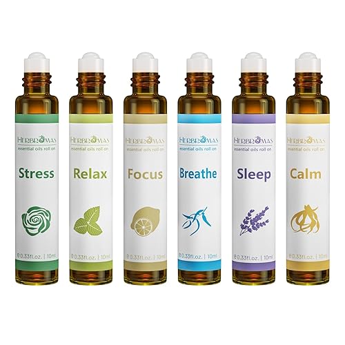 HERBROMAS Aromatherapy Essential Oils Roll On Set, Natural Pre-diluted Blend Oils for Skin Use, Relaxation Gift for Women & Men, Pack 6 x10ml - Stress, Relax, Focus, Breathe, Sleep, Calm